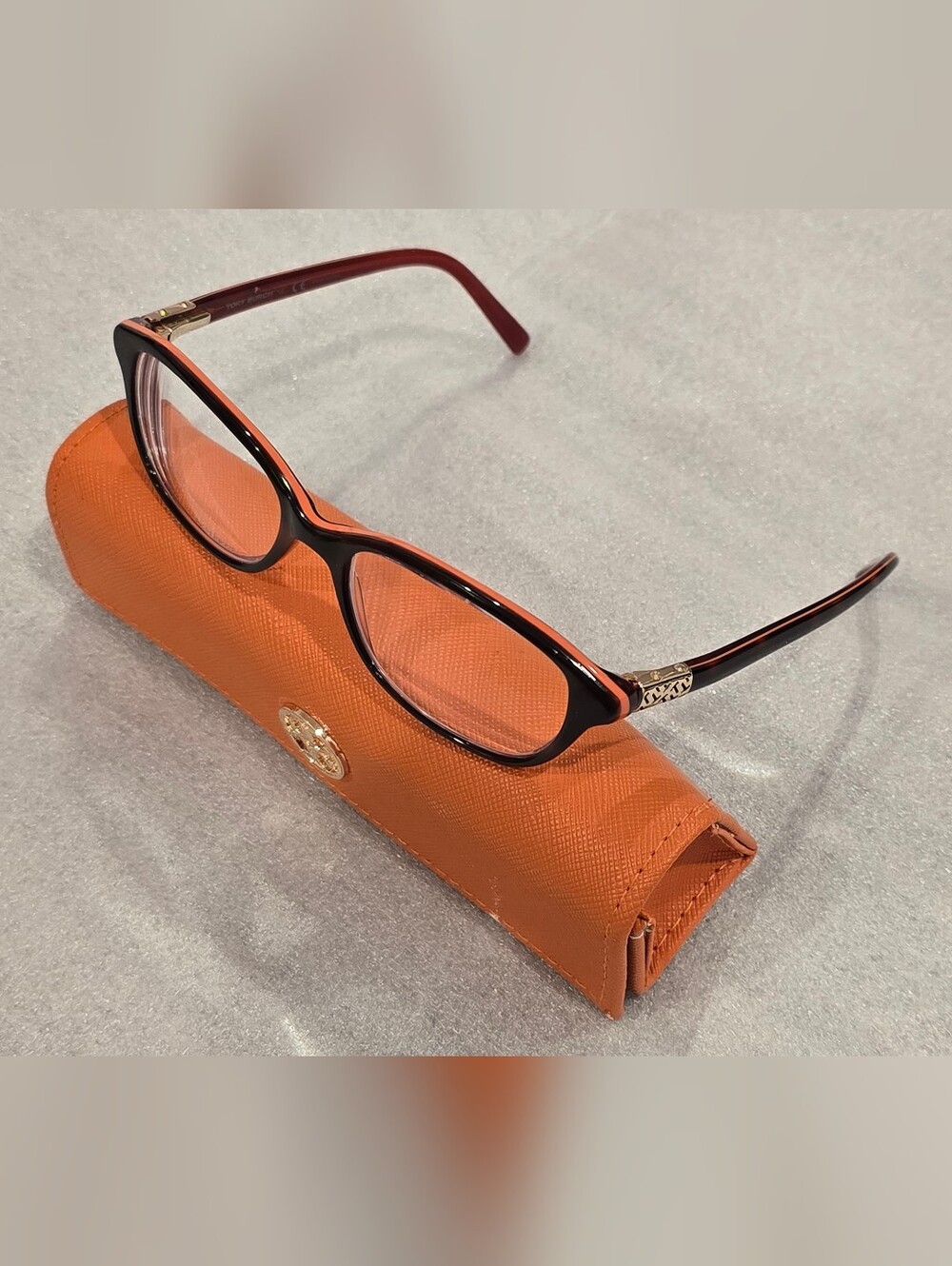 Tory Burch Semi-Cat-Eye Glasses + Case: Tortoise Dark Havana On Orange